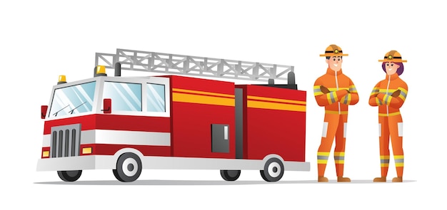 mannelijke en vrouwelijke brandweermannen met illustratie van een brandweerwagen