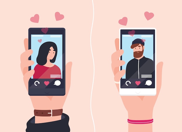 Mannelijke en vrouwelijke handen met smartphones met portretten van man en vrouw op schermen. Sociale mobiele applicatie om te daten, op zoek naar een romantische partner. Platte cartoon kleurrijke vectorillustratie.