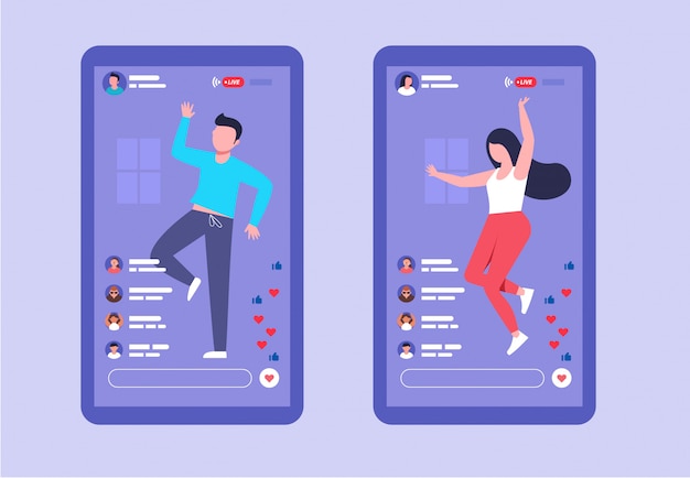 Mannelijke en vrouwelijke live streaming dansen op smartphone scherm, live-uitzendingen, delen op sociale media vlakke afbeelding