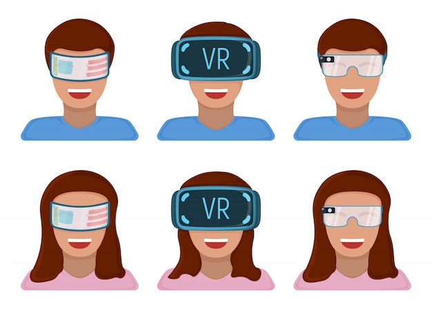 Vector mannelijke en vrouwelijke personage in virtual reality bril, moderne technologie augmented reality geïsoleerd