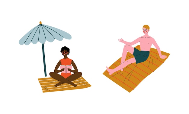 Mannelijke en vrouwelijke personages die zomervakantie hebben aan de kust in zwembroek en zonnebaden Vector Set