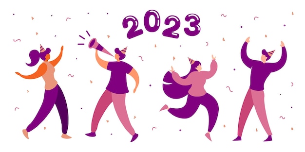 Mannelijke en vrouwelijke personages Nieuwjaar 2023 Party - Vector Illustratie Set
