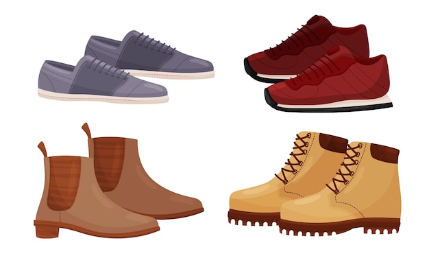 Vector mannelijke en vrouwelijke schoenen side view vector set casual en formele schoenen fashion theme concept