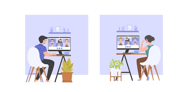 Mannelijke en vrouwelijke videoconferentie met vrienden of team, online vergadering, werk vanuit huis. Illustratie