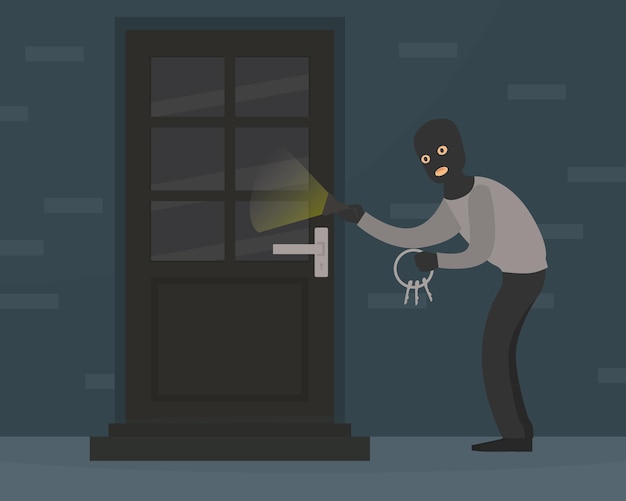 Mannelijke inbreker in Balaclava pleegt overval Diefstal probeert de deur te ontsluiten met een slotknop Breken in het huis Crimescene Flat Vector Illustratie