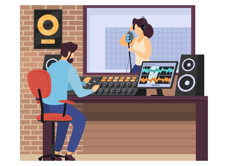 Vector mannelijke karakter geluidsproducent record zangeres in muziekstudio geïsoleerd op witte platte vectorillustratie kamer muziekinstrument luidsprekers