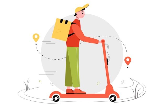 Mannelijke koerier op een scooter gaat naar het adres Levering serviceconcept Vectorillustratie