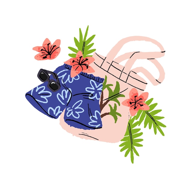 Mannelijke koffers zonnebrillen tote tas en bloemen zomervakantie compositie strand shorts kleding zonnebril bladeren Zomer vakantie vibe Platte vector illustratie geïsoleerd op witte achtergrond