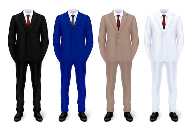 Mannelijke kostuum realistische set met vier slimme pakken van verschillende kleur met jassen broeken schoenen stropdassen geïsoleerde vectorillustratie