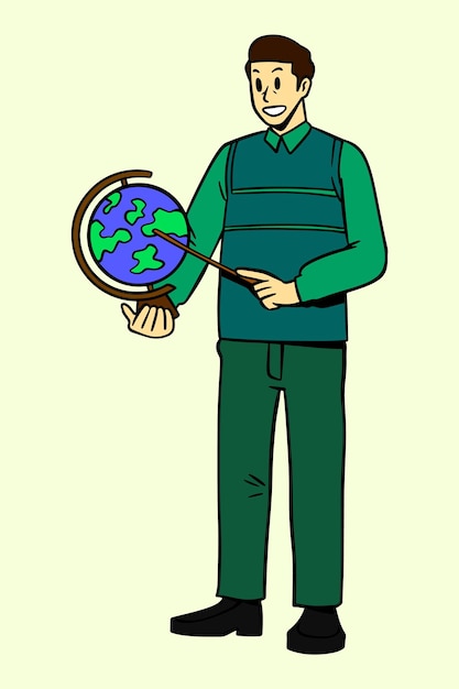 Mannelijke leraar die een globusvectorillustratie draagt