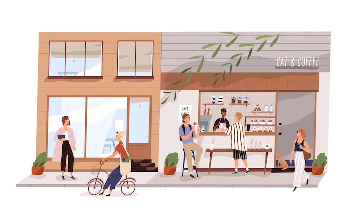 Vector mannelijke leverancier werkt bij outdoor coffeeshop op moderne stad straat platte vectorillustratie. man en vrouw eten en kopen koffie en snack in kattencafetaria geïsoleerd. kiosk met afhaalmaaltijden en drinken.