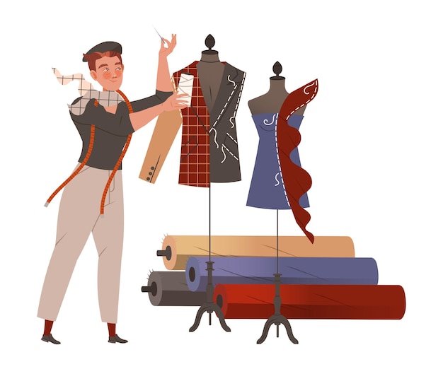 Mannelijke modeontwerper of kleermaker met draad en naald passende kleding kledingmodel op mannequin vector illustratie