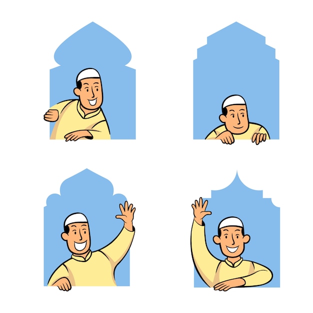 Mannelijke moslim stripfiguur gluren in het venster van de moskee