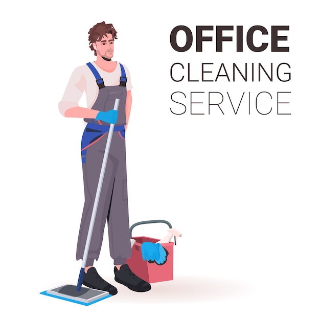 Mannelijke professionele kantoor schonere man conciërge in uniform met reinigingsapparatuur kopie ruimte