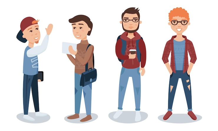 Vector mannelijke student met rugzak staande en loopende vectorillustratieset