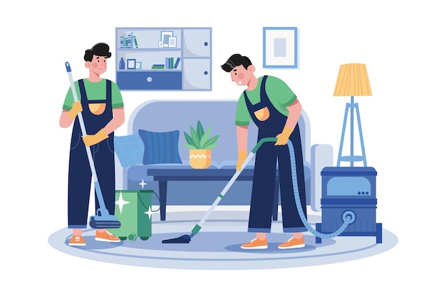 Mannelijke werknemer die de schone vloer in de woonkamer stofzuigt
