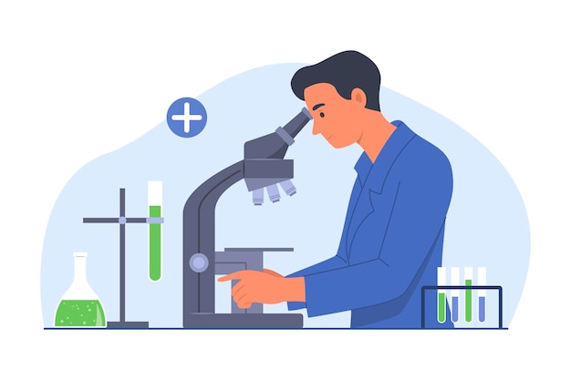 Mannelijke wetenschapper die microscoop gebruikt voor experiment in laboratorium