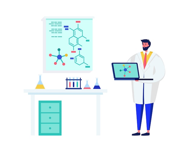 Mannelijke wetenschapper presenteert een moleculaire structuur op een laptop in een lab onderzoeker in witte jas met