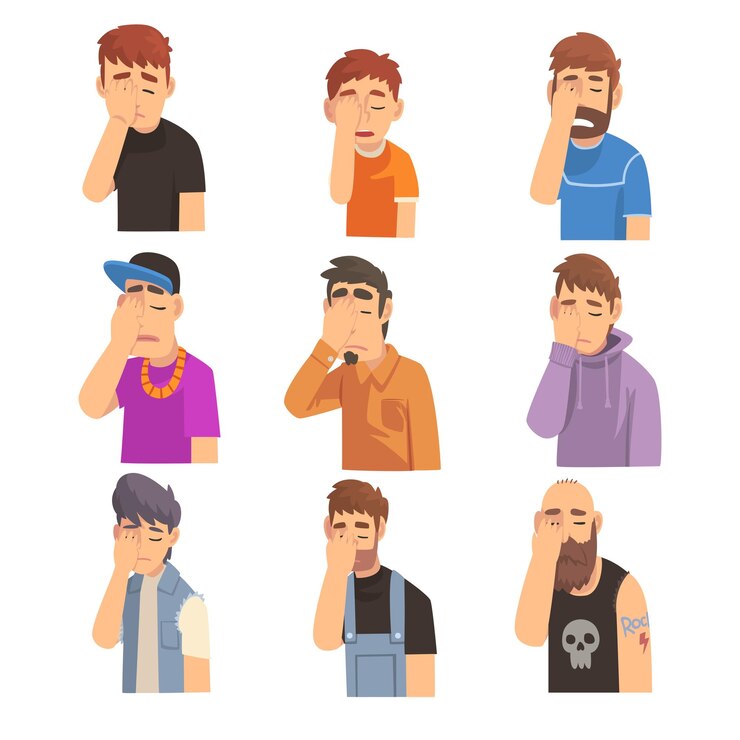 Vector mannen die hun gezicht met hun handen bedekken set mensen die gezichtspalmen maken schaamte hoofdpijn teleurstelling negatieve emoties vectorillustratie op witte achtergrond