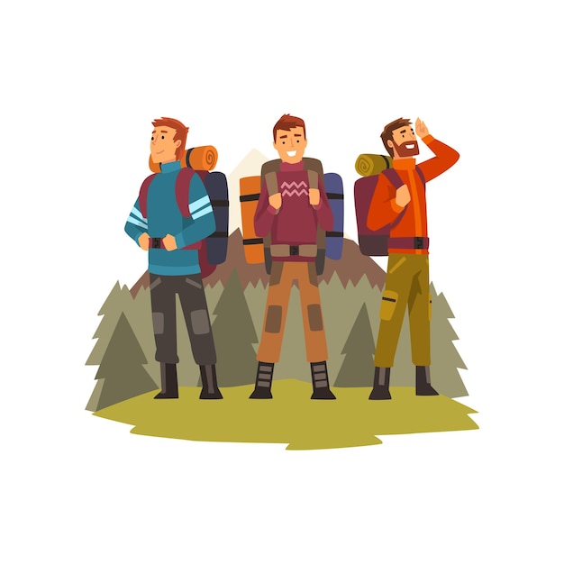 Mannen die samen reizen camping mensen backpacken reis of expeditie vector illustratie geïsoleerd op een witte achtergrond