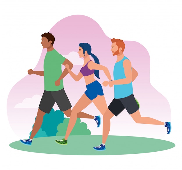Mannen en vrouw lopen in landschap, mensen in sportkleding joggen, personen atleet, sportieve personen