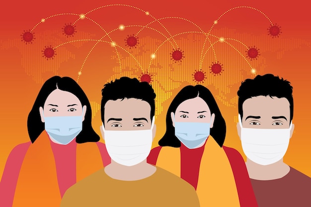 Mannen en vrouwen die een gezichtsmasker dragen omdat de nieuwe variant van het coronavirus zich weer wereldwijd verspreidt