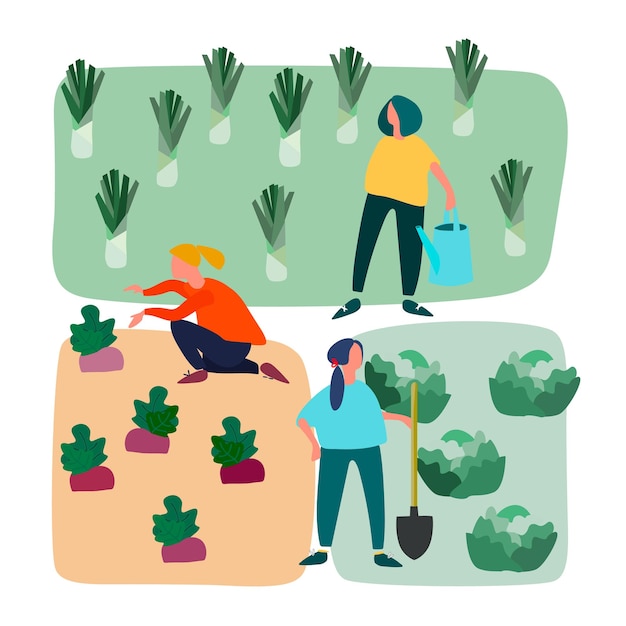 Mannen en vrouwen doen landbouwwerkzaamheden op moestuin Platte vectorillustratie Tuinieren concept Agrotoerisme concept