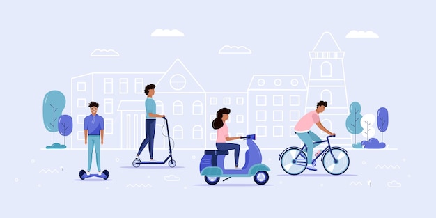 Mannen en vrouwen rijden eco stadsvervoer in openbaar park. persoonlijk elektrisch vervoer, groene electro scooter, hoverboard, gyroscooter, eenwieler en fiets. ecologisch voertuig, stadslevenconcept