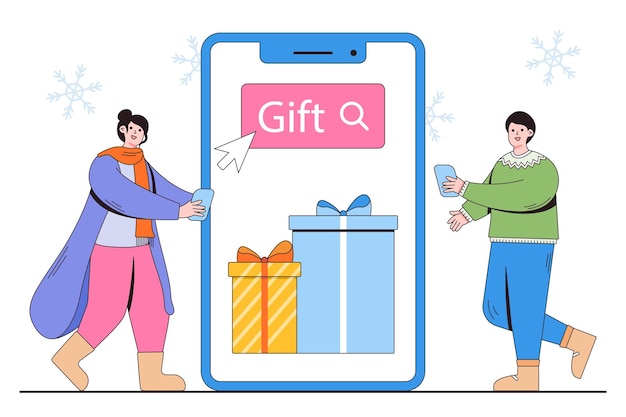 Mannen en vrouwen staan in de buurt van grote smartphone voor het zoeken naar kerstcadeaus en het kopen van cadeautjes stripfiguren met overzicht vectorillustraties voor bestemmingspagina sjabloon ui webposter