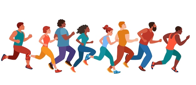 mannen en vrouwen van verschillende naties lopen een marathonwedstrijd