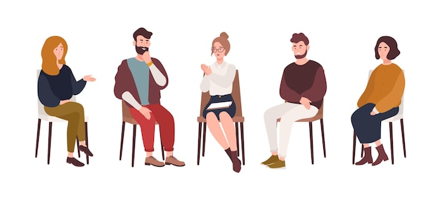 Mannen en vrouwen zitten op stoelen en praten met psychotherapeut of psycholoog. groepstherapiesessie, psychotherapeutische bijeenkomst of psychologische hulp. vectorillustratie in moderne vlakke stijl.