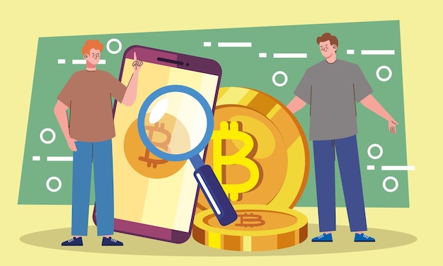 Vector mannen met bitcoins in smartphone