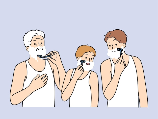 Mannen van verschillende generaties scheren samen, wat de continuïteit van vader en zoon met kleinzoon demonstreert Jongen en vader met grootvader die zich in de badkamer scheert met schuim om huidirritatie te voorkomen