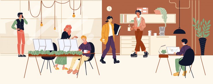 Mannen, vrouwen die op kantoor werken. Collega's die telefonisch spreken, koffie drinken, map dragen.
