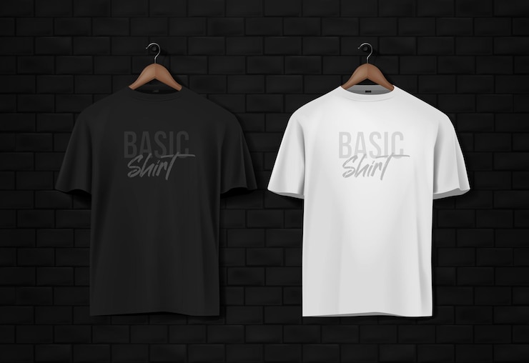 Vector mannen zwart-wit t-shirt met korte mouwen in zwart wandoppervlak met donkere bakstenen