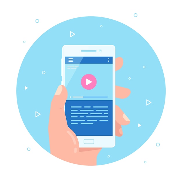 Mannenhand met mobiele telefoon met videospeler op het scherm. mobiele video-applicatie. videostreaming op de telefoon.