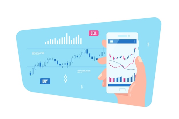 Mannenhand met smartphone met kandelaargrafiek op scherm. applicatieconcept voor mobiel handelen