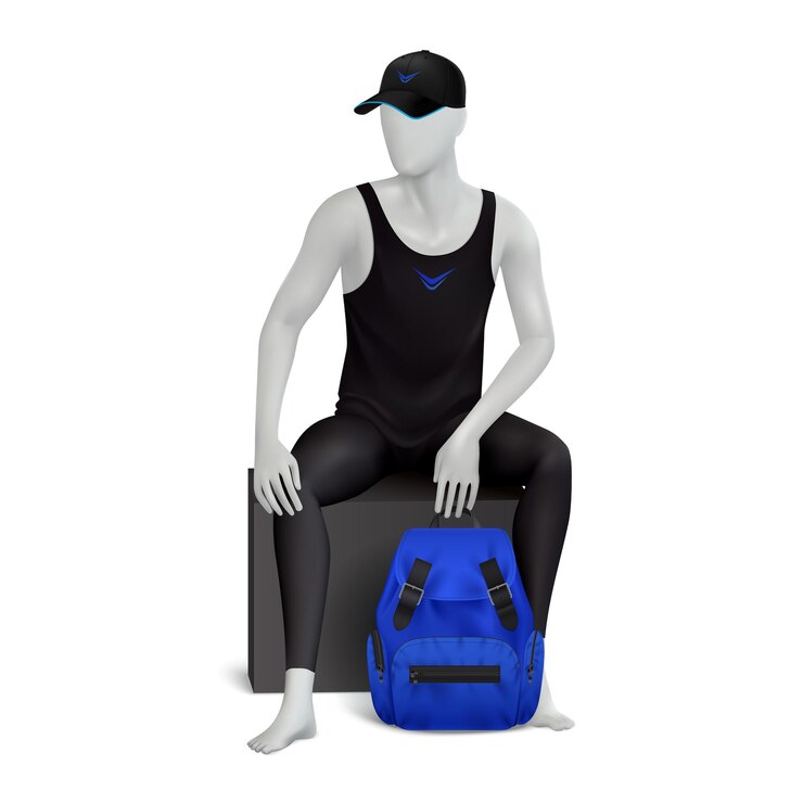 Vector mannequin realistic composition with human figure of adult male model wearing black clothes with blue backpack