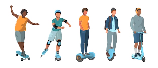 Vector mans on a city transport set of young mans riding on a wheeled vehicle