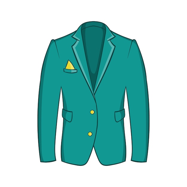 漫画のスタイルの白い背景で隔離の緑のジャケットのアイコンをマンします衣料品のシンボル