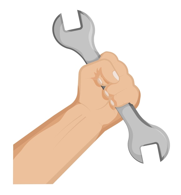 Mans hand clenches huge wrench in fist Hard work working professions Labor Day Isolated vector on white background