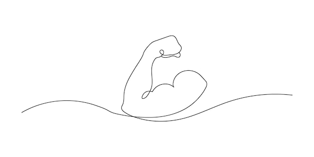 Mans hand shows a fist on the biceps in line style Continuous one line vector drawing concept