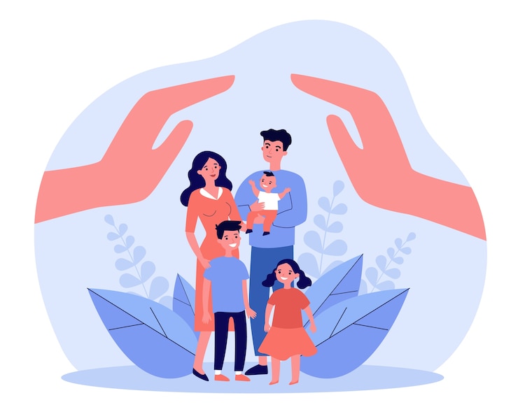 Vector mantelzorg of hulpconcept. menselijke handen boven ouderspaar en drie kinderen. illustratie voor hygiëne, staatsbescherming, assistentonderwerpen, reclamepostersjabloon