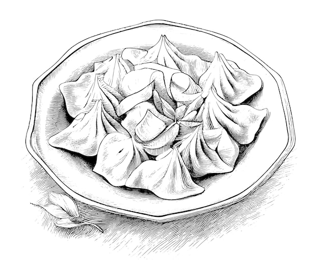 Manty dumplings hand getrokken gravure schets Restaurant bedrijfsconcept Vector