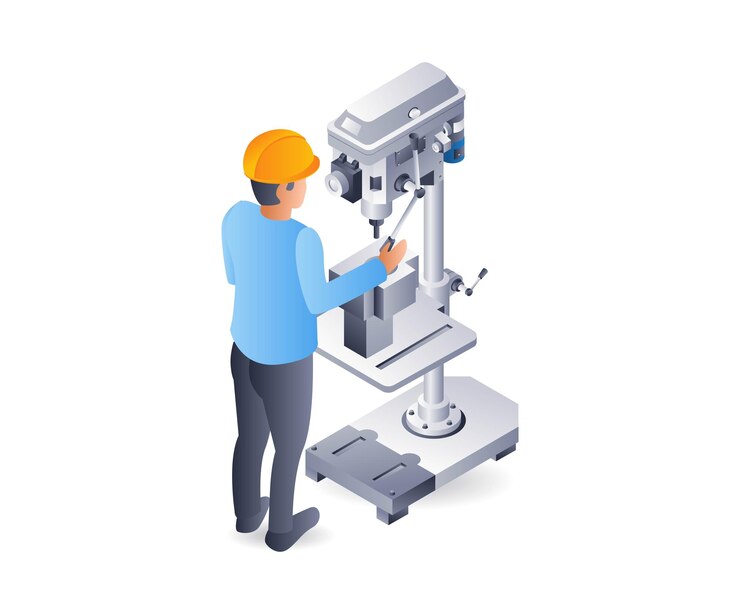 Vector manual drilling machine system operator flat isometric 3d illustration infographic