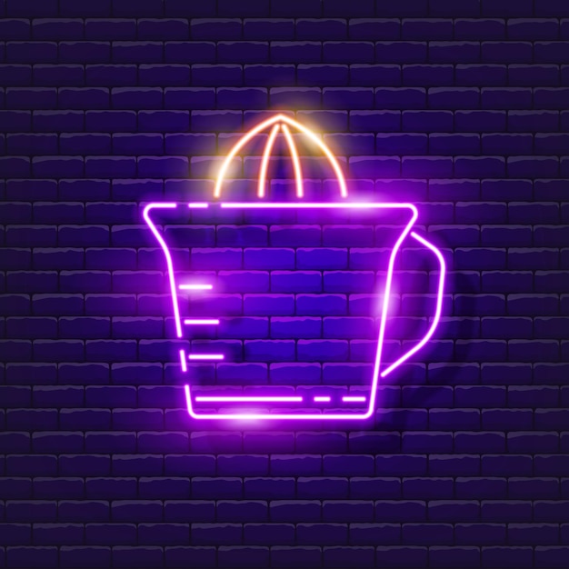 Manual juicer neon sign vector illustration for design drink preparation concept kitchen appliances