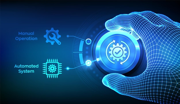 Manual operation vs automated system choice concept Human control versus digital automation RPA Robotic process automation Hand adjusting knob to switch to automated system Vector illustration