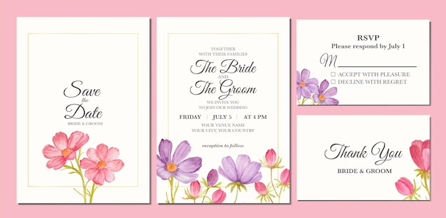 結婚式の招待状としてコスモスの花の水彩画の手動塗装。