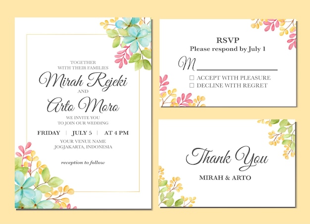 結婚式の招待状として花の水彩画を描いたマニュアル。