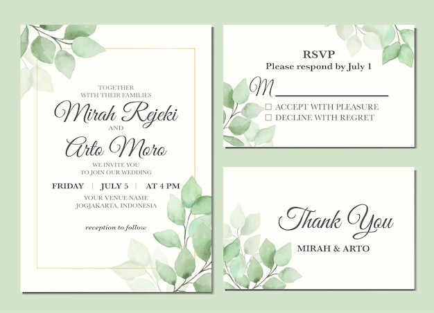 結婚式の招待状として美的葉の水彩画を描いたマニュアル。